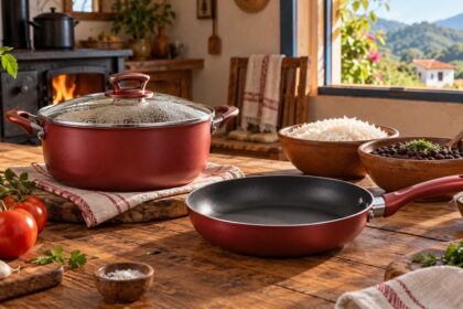 Cena ilustrativa com panelas, arroz e feijão em uma cozinha caseira
