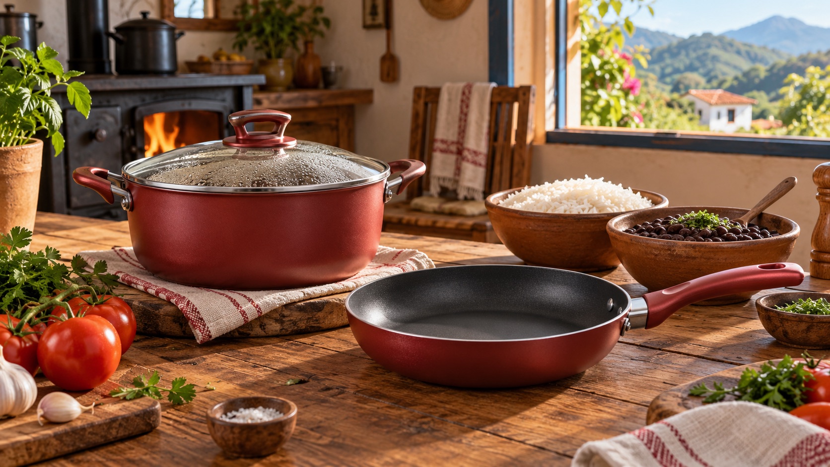 Cena ilustrativa com panelas, arroz e feijão em uma cozinha caseira